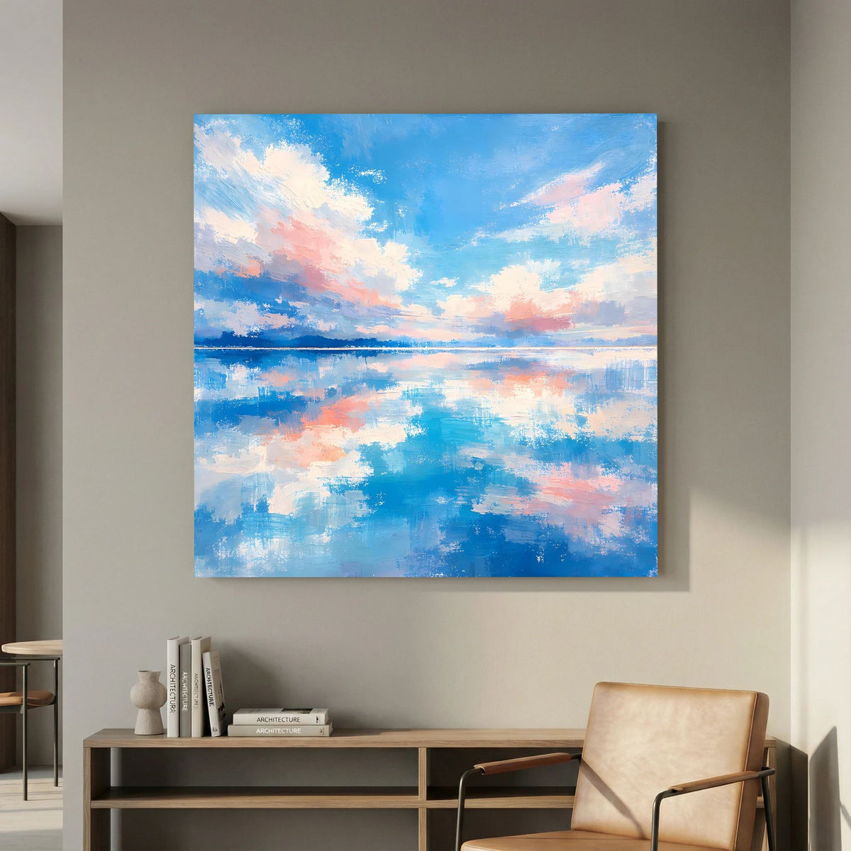Abstrakte Meereslandschaft auf Keilrahmen mit Wolkenhimmel, überwiegend Blau