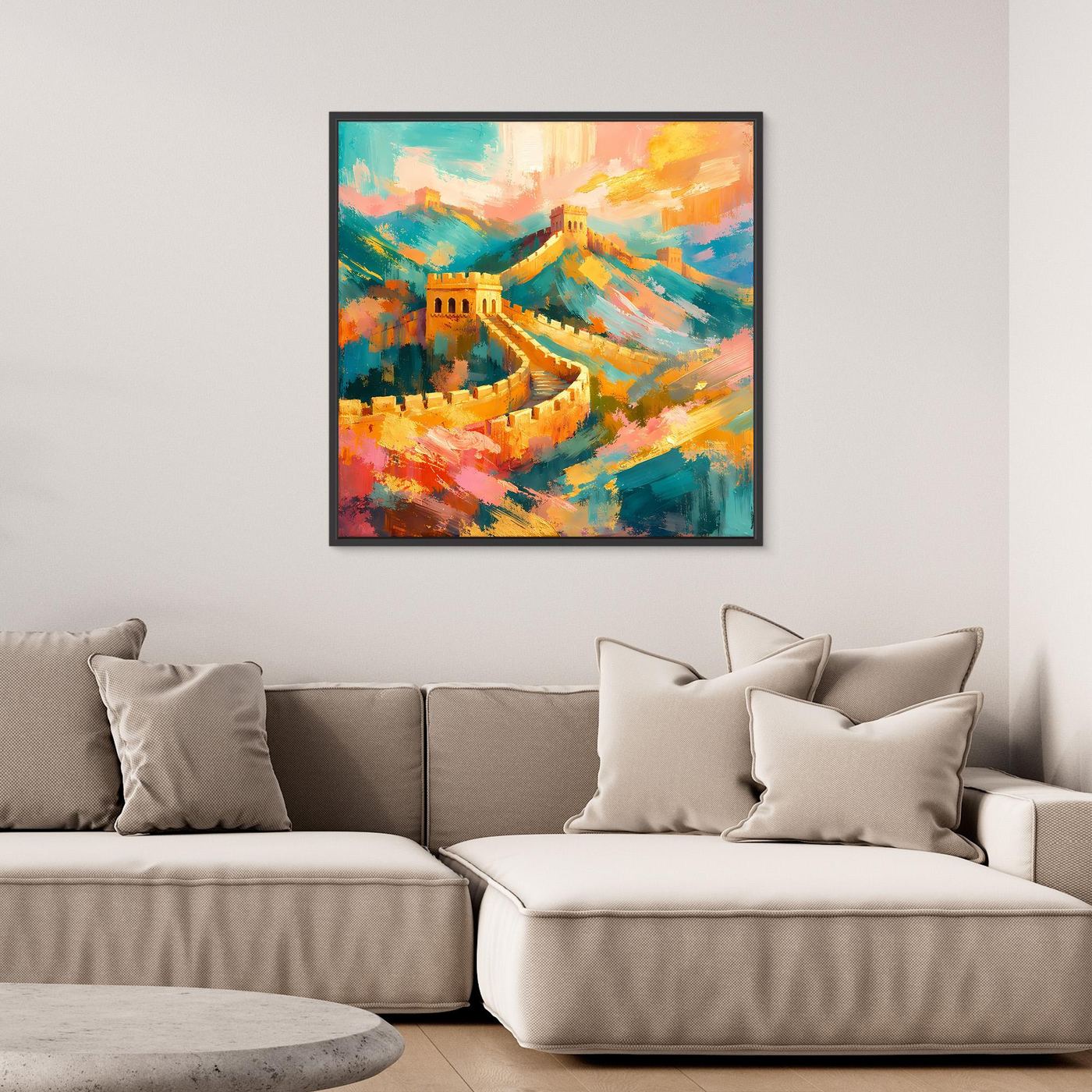 Leinwandbild: abstrakte Chinesische Mauer mit bunten Farbflächen und Lichtakzenten