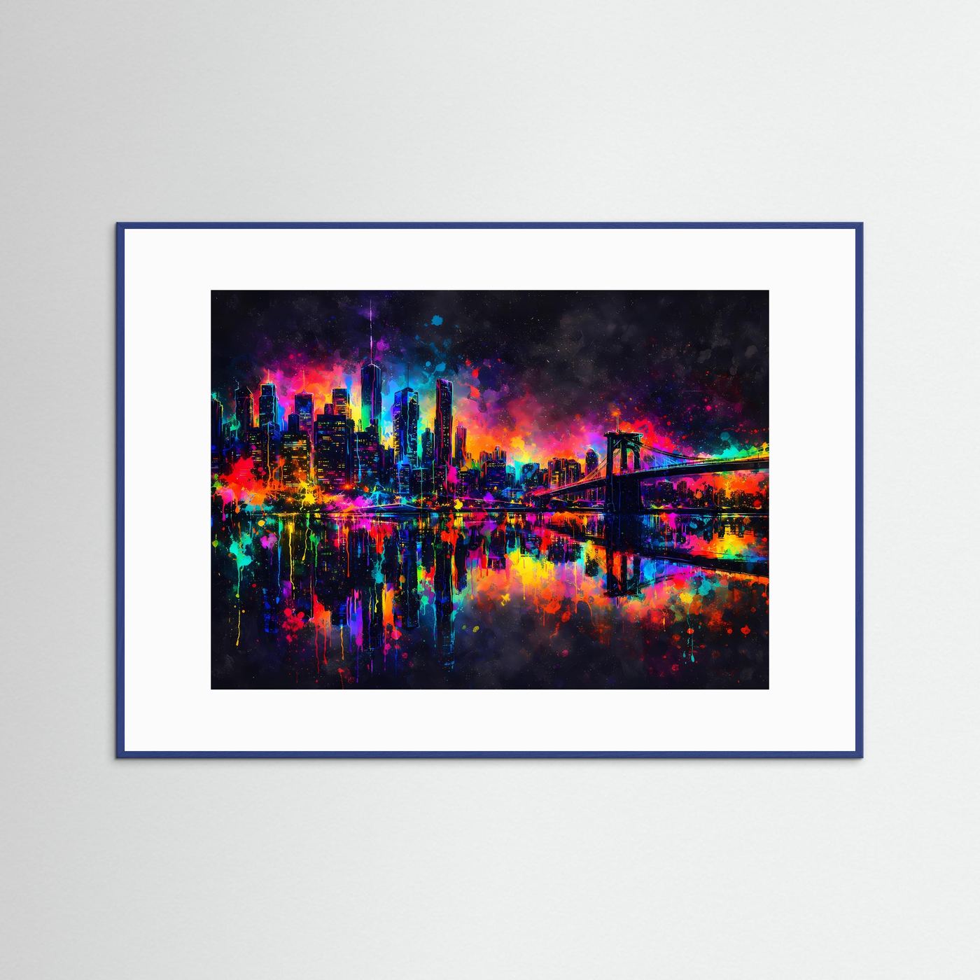 Wandbild mit Neon-Pop-Art Skyline bei Nacht, blauer Holzrahmen und weißes Passepartout