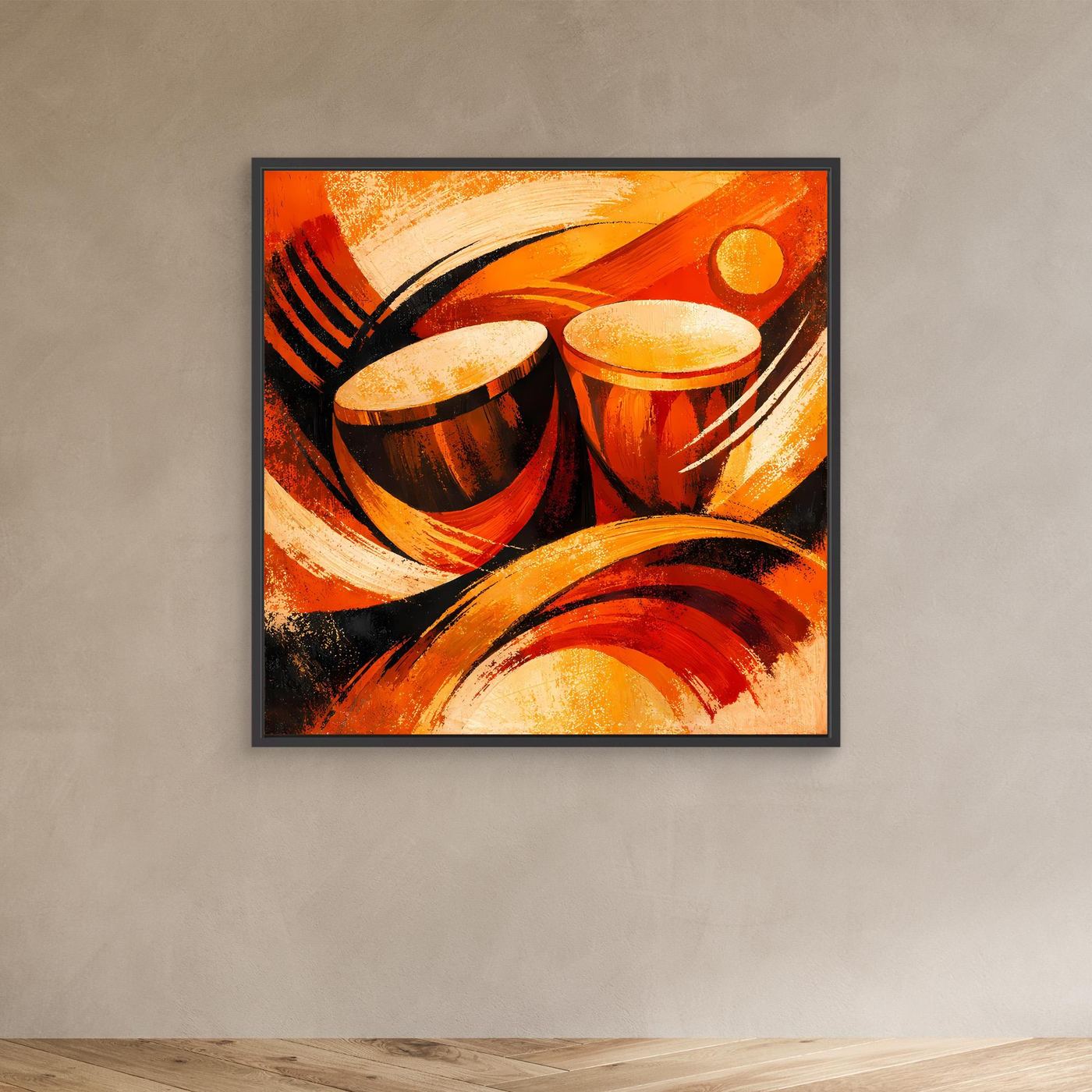 Leinwandbild klein mit dunklem Rahmen, abstrakte Trommeln und Sonnenscheibe in Orange