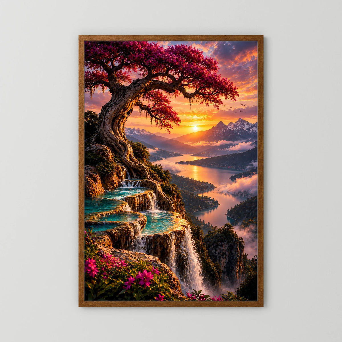 Magischer Baum über Bergsee | Wasserfälle im Sonnenuntergang | Poster Hochformat