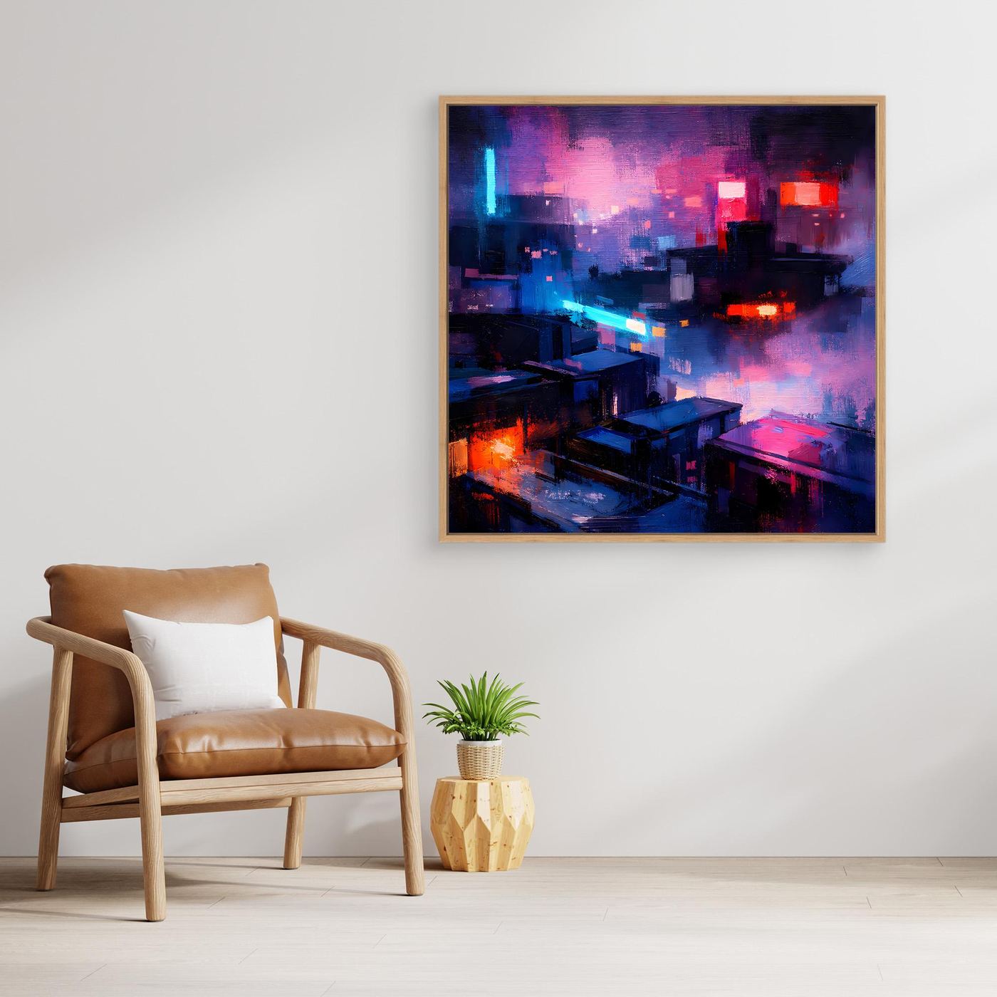 Leinwand Cyberpunk City bei Nacht | Modernes Neon-Dystopie Wandbild auf echter Leinwand