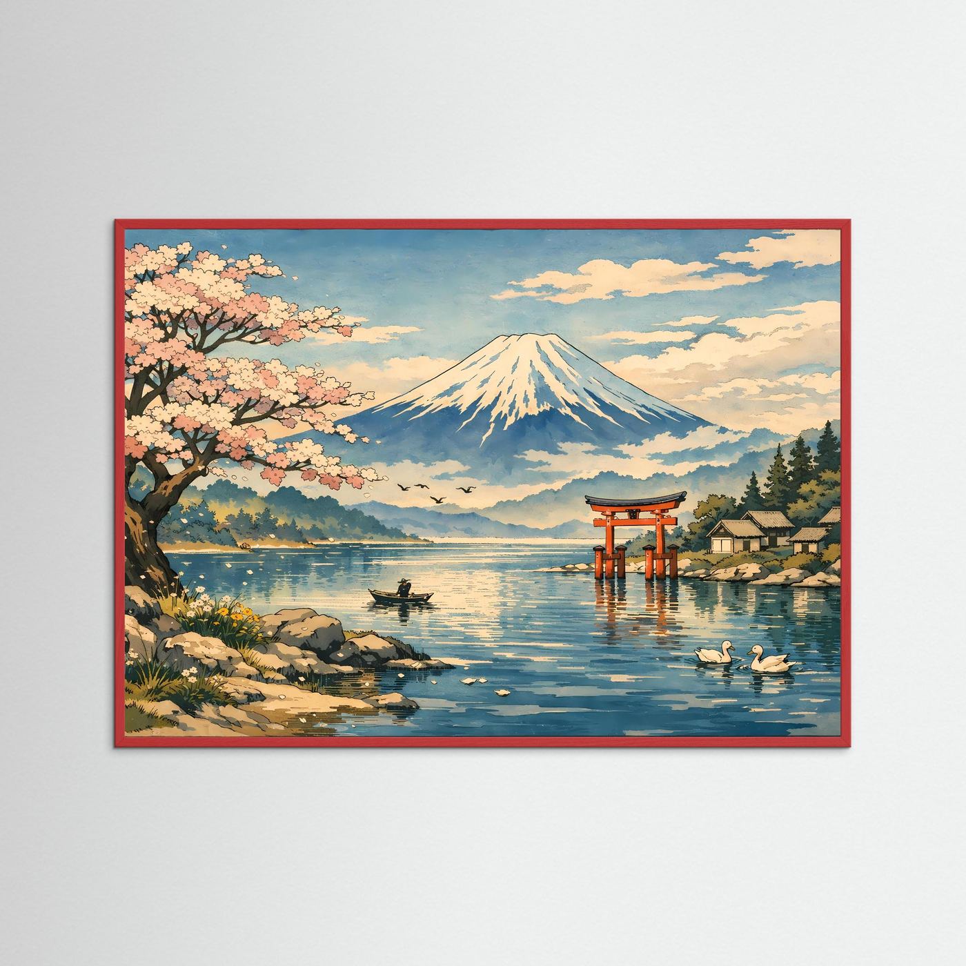 Japanisches Wandbild: Berg Fuji über See mit Kirschblüten, Torii, orangefarbener Rahmen