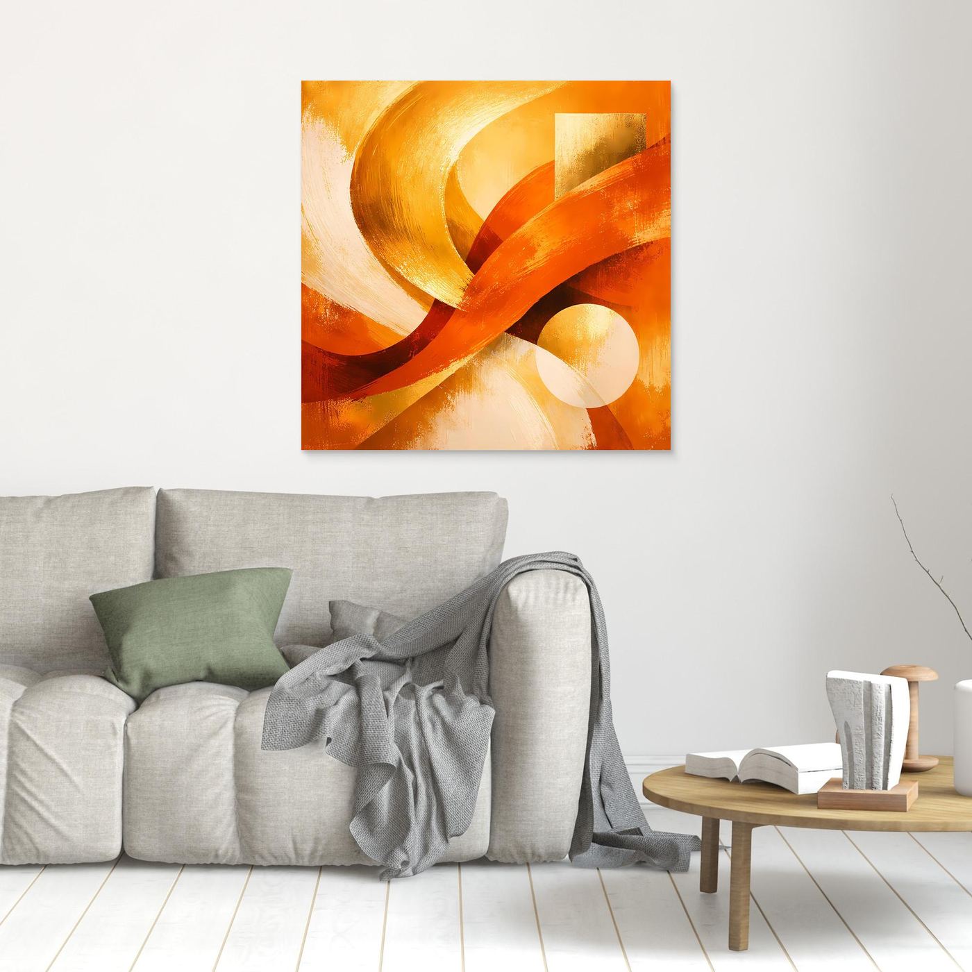 Abstraktes Leinwandbild mit goldenen und roten Wellen auf warm-orangefarbenem Hintergrund, mit Rahmen.