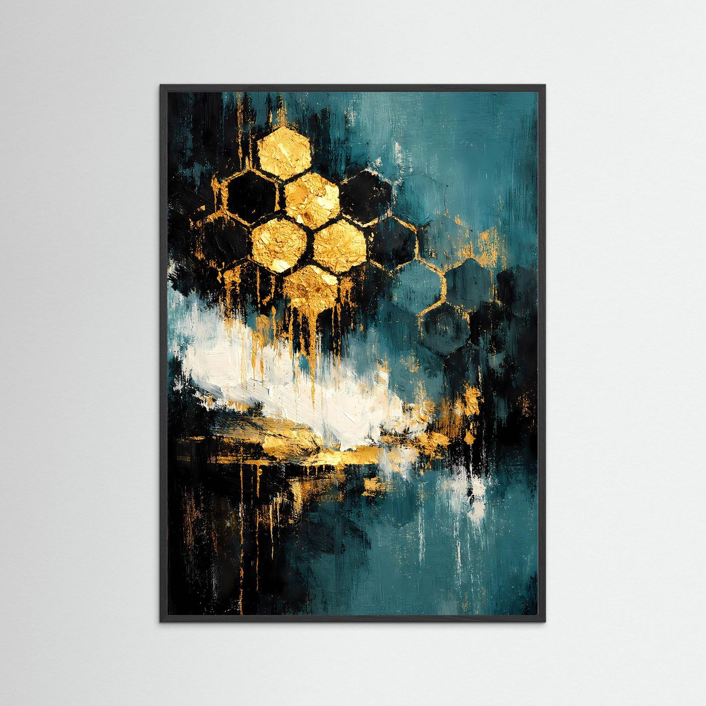 Abstraktes Waben-Kunstposter: goldene Hexagons in Petrol und Schwarz, schwarz gerahmt