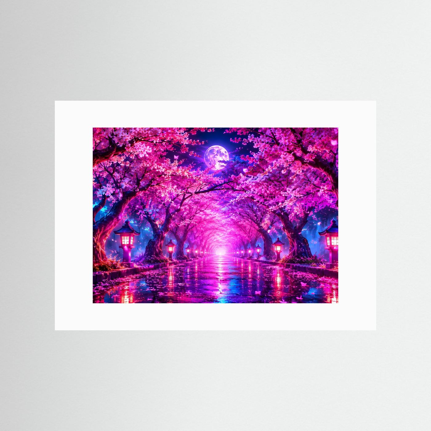 Kirschblüten Allee Wandbild Neon | Japan Poster Sakura Nacht | Leuchtender Vollmond | Fantasy Landschaft | Moderne Leinwand Wandkunst
