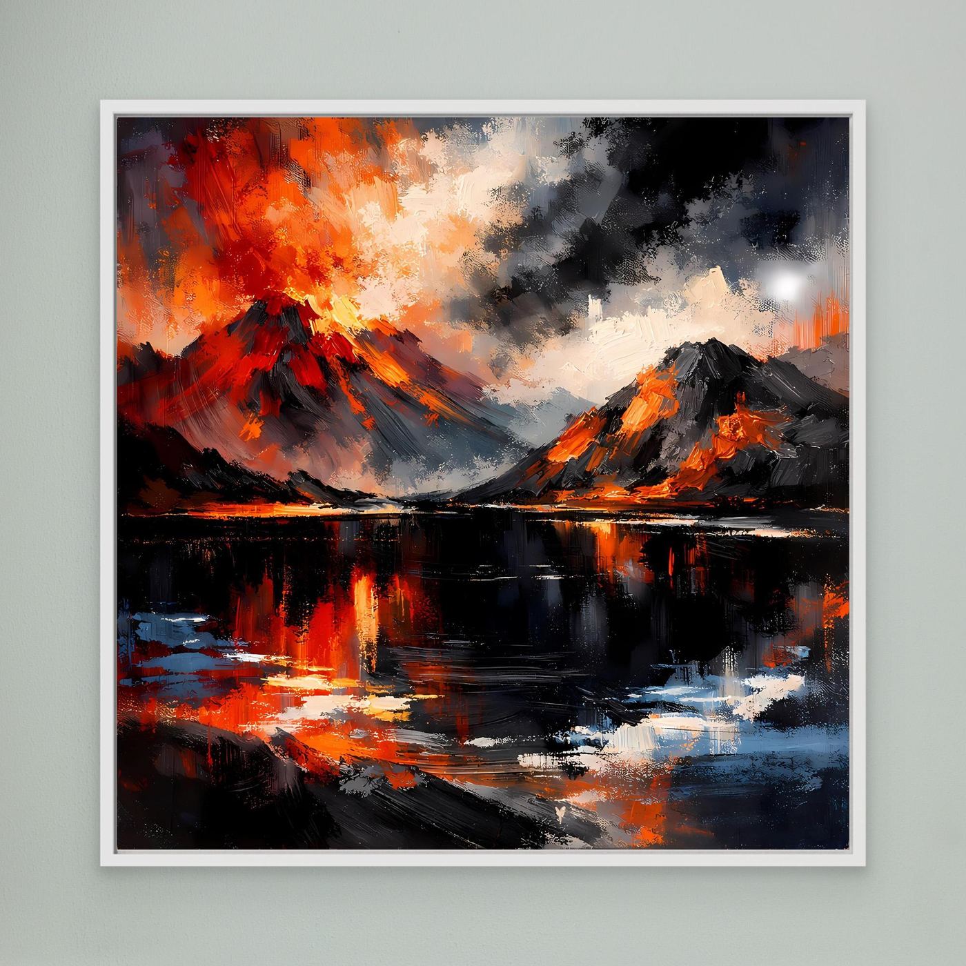 Wandbild mit abstrakter Vulkanlandschaft, Lavaausbruch über See und spiegelnder Landschaft, weiß gerahmt