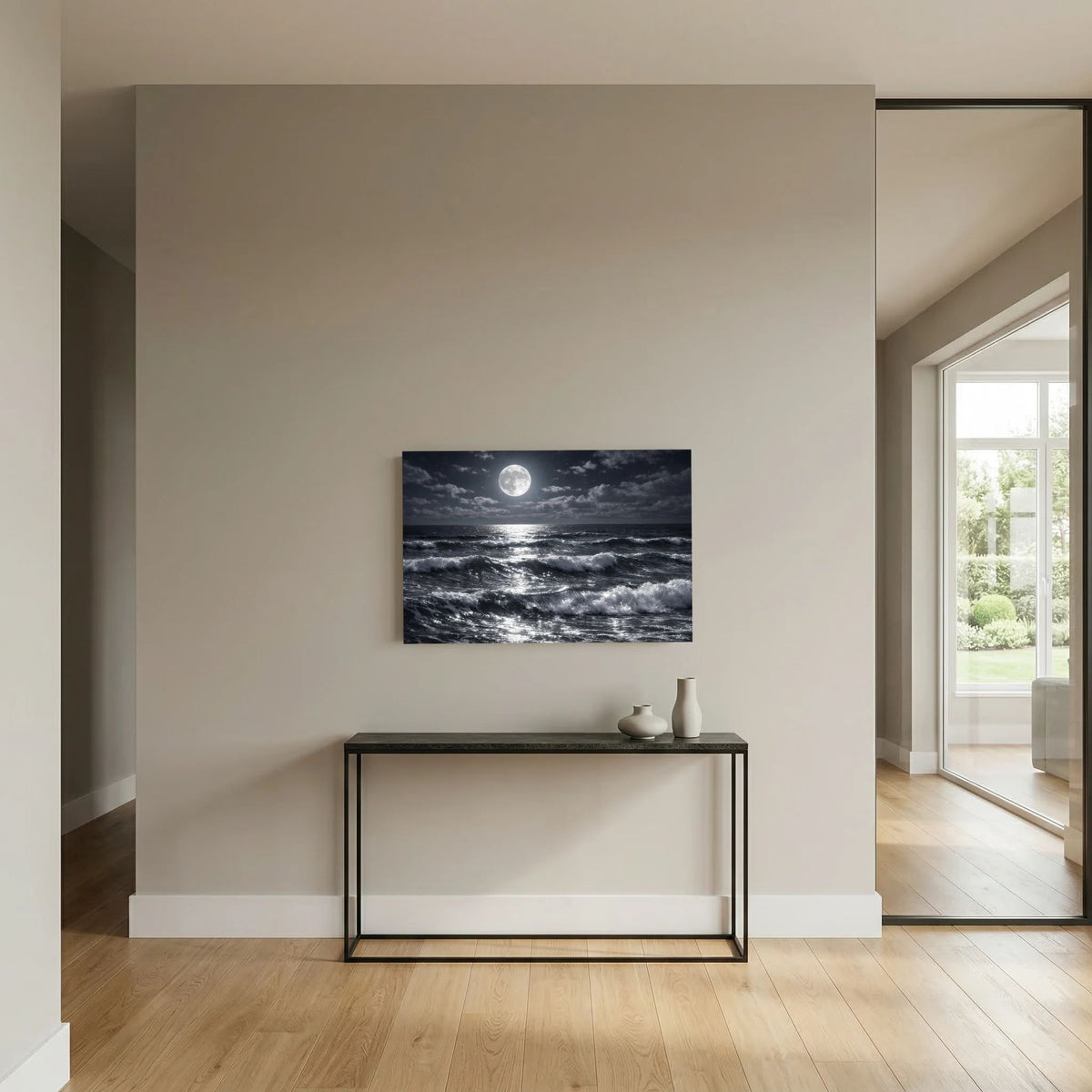 Meerwellen-Wandposter mit Vollmond über der See, schwarz-weiß, Querformat