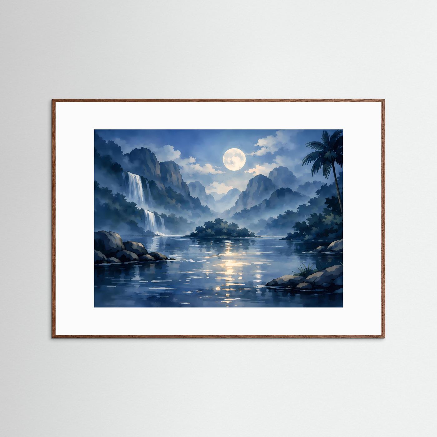 Natur-Poster mit Wasserfall, See und Mond, Palmen, im braunen Rahmen