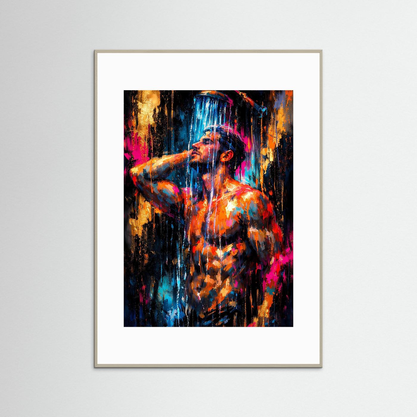 Kunstposter im hellgrauen Rahmen mit abstrakter Männerfigur in Blau-, Pink- und Orangetönen