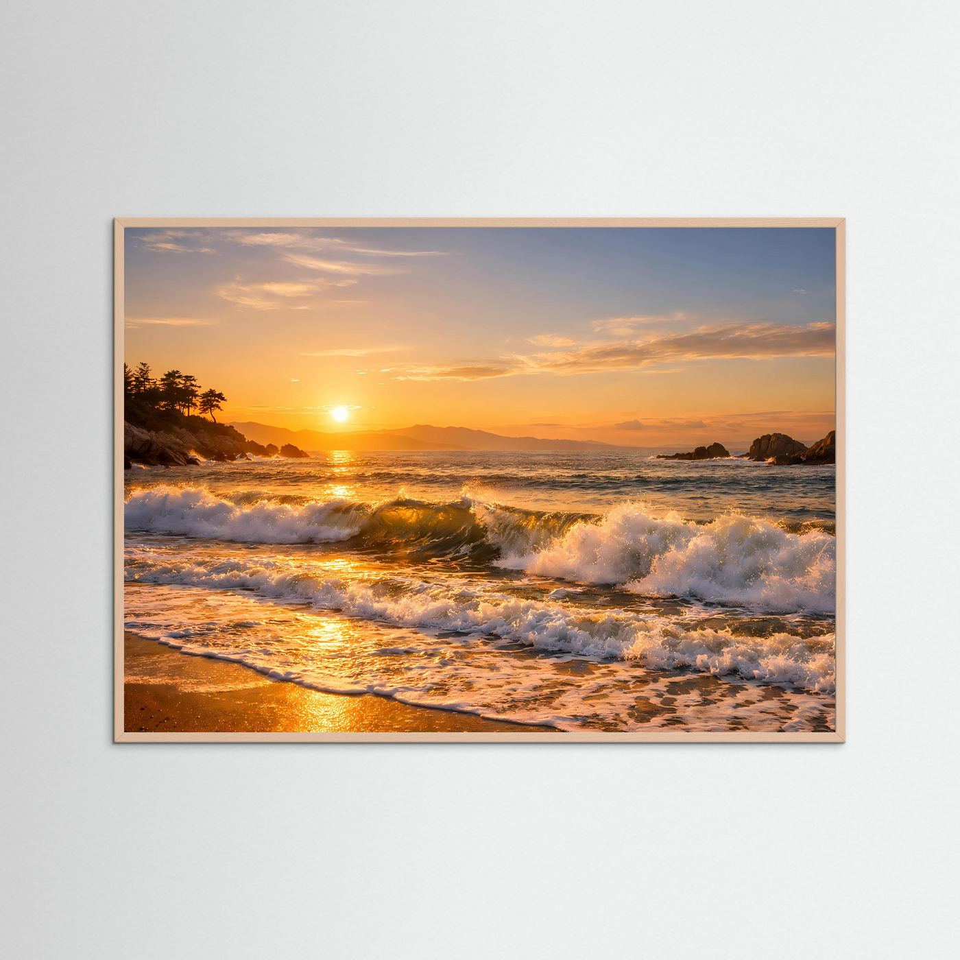 Goldener Sonnenuntergang an der Küste | Panorama Wellen & Strand Poster Querformat