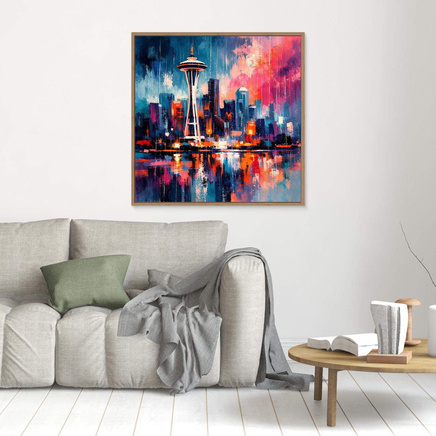 Wandbild mit abstrakter Skyline und Space Needle, goldener Rahmen, reflektierende Stadtlichter