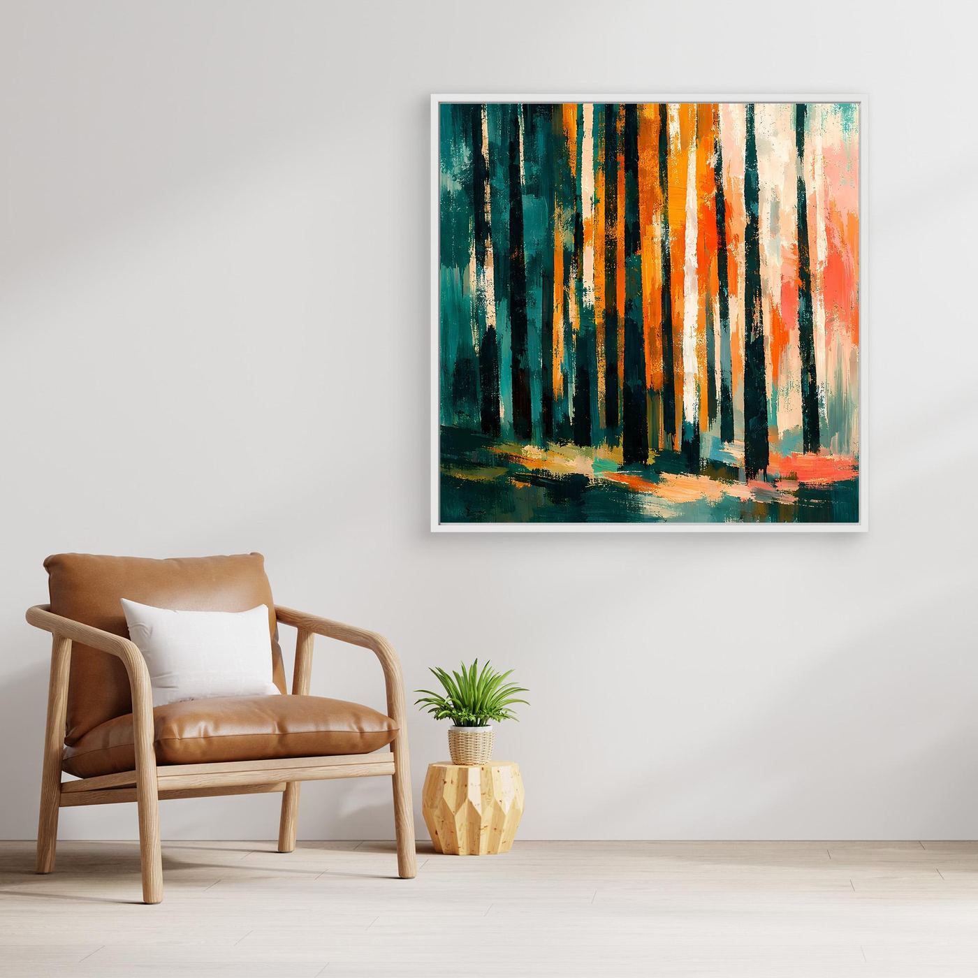 Leinwand-Wandbild mit abstraktem Birkenwald im Herbst, silberner Rahmen