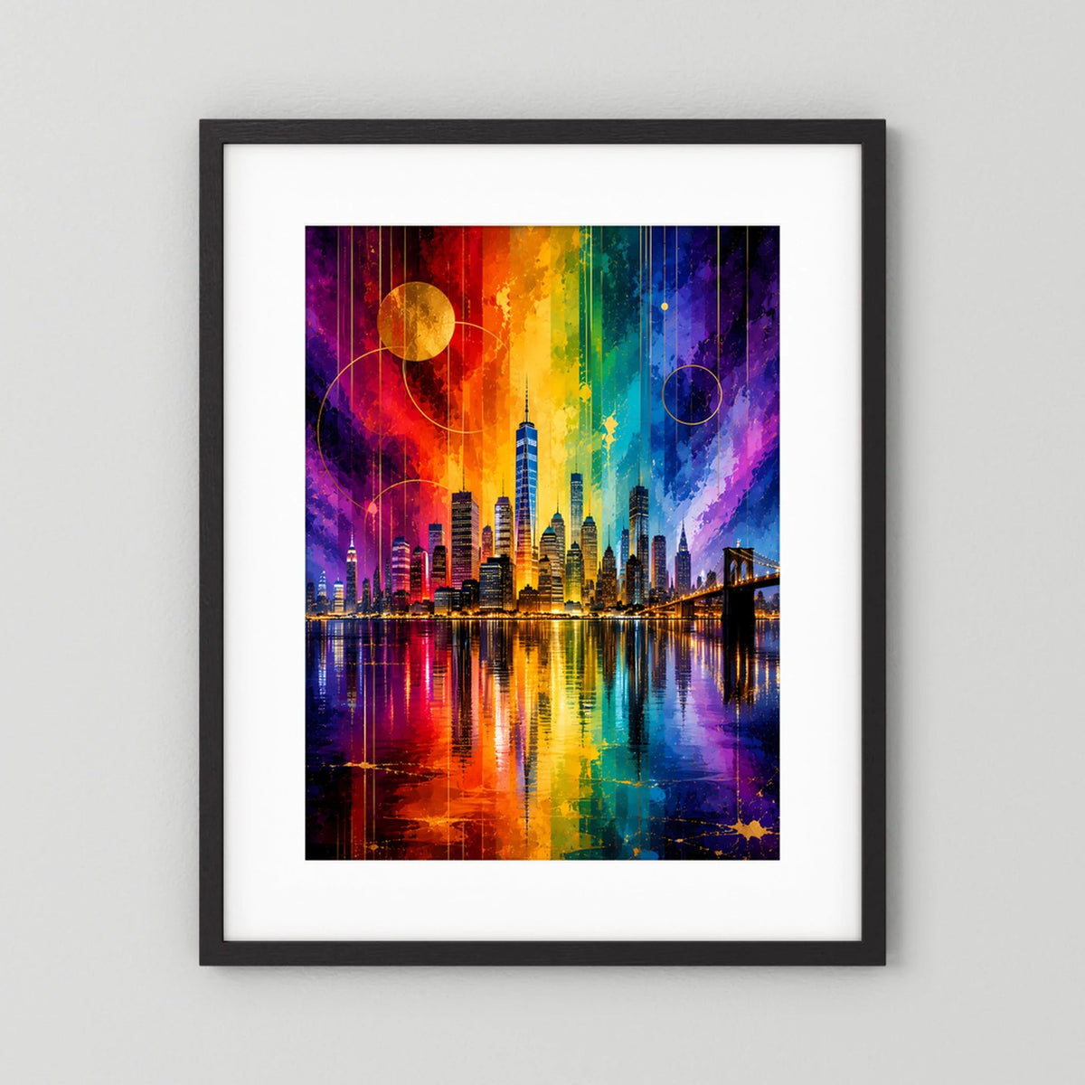 City-Poster mit Regenbogen-Skyline, schwarzer Rahmen und weißes Passepartout