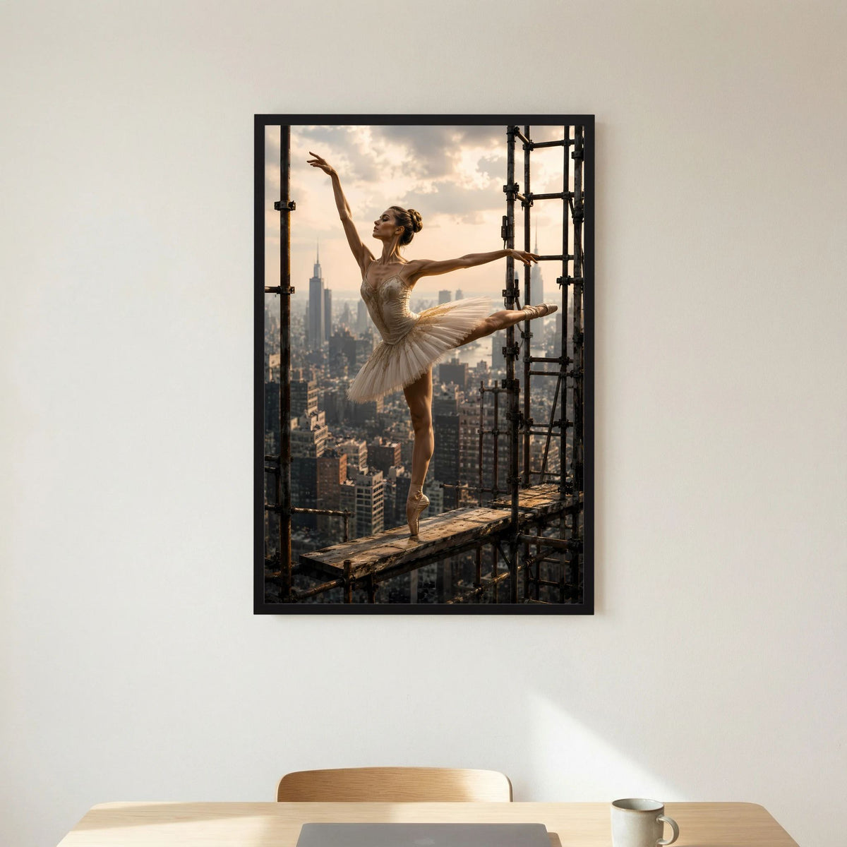 Poster Hochformat: Ballerina im beigen Tutu vor Skyline, schwarzer Rahmen