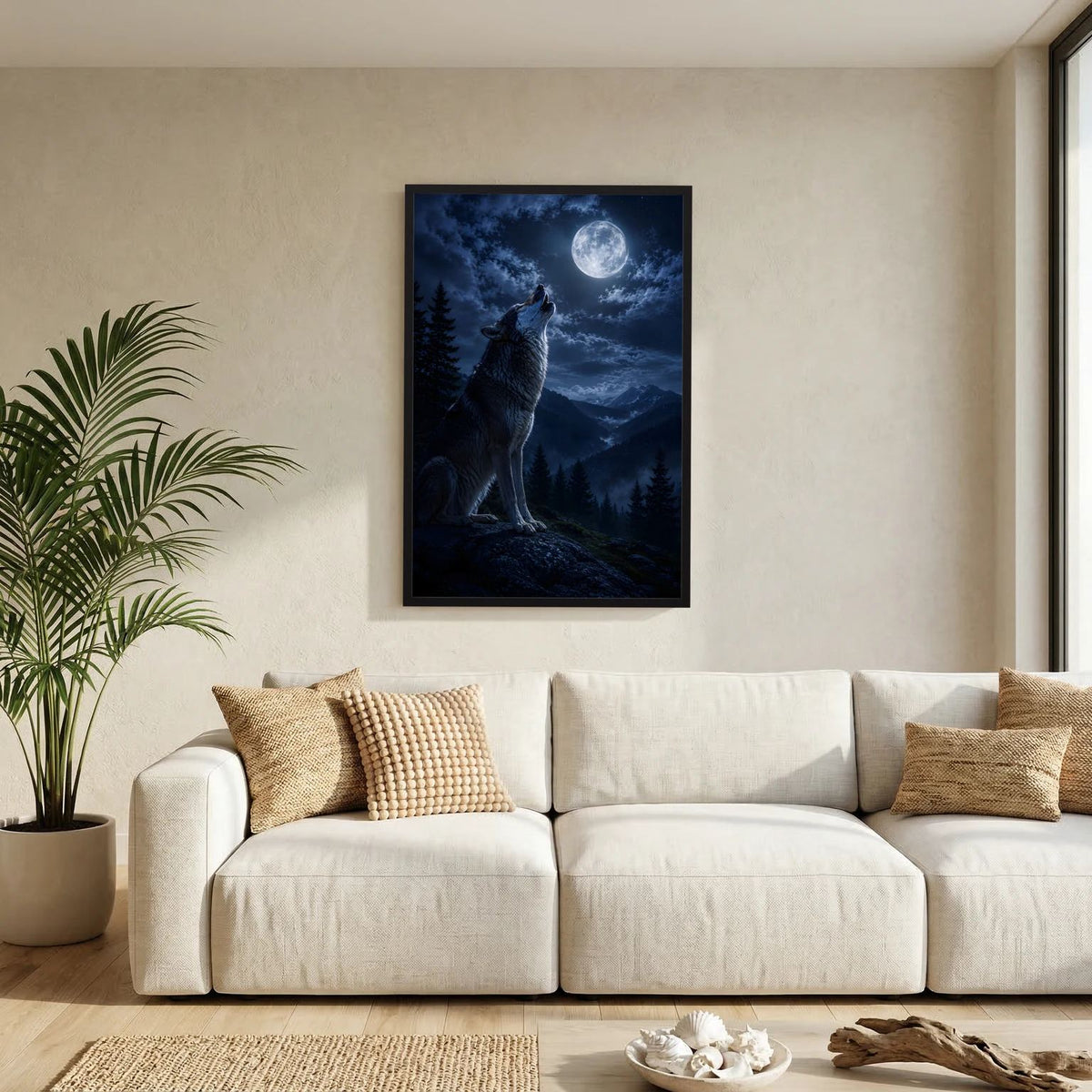 Wandbild im Hochformat im Rahmen: Heulender Wolf im Mondlicht, Blick ins Tal