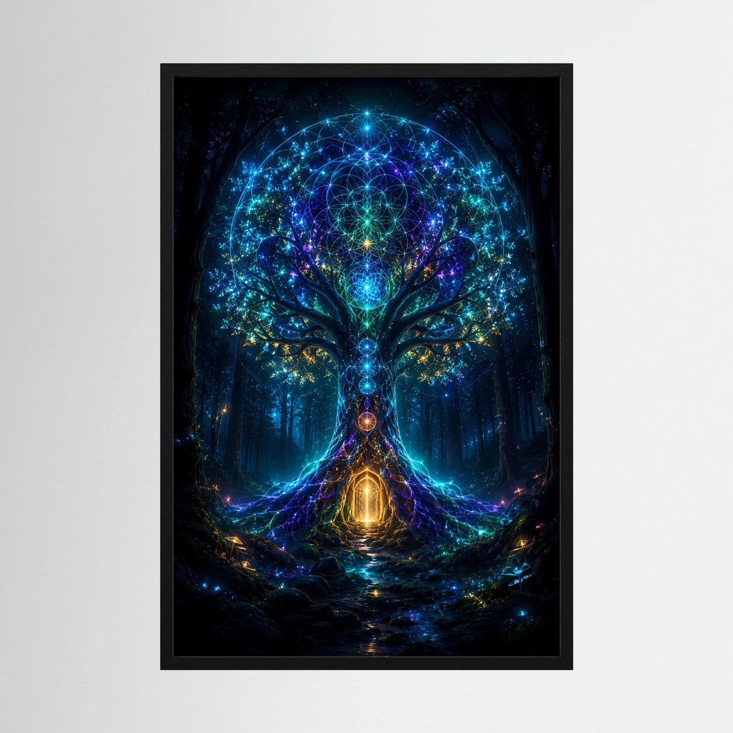 Hochformatiges Poster mit leuchtendem Baum-Motiv in dunklem schwarzen Rahmen