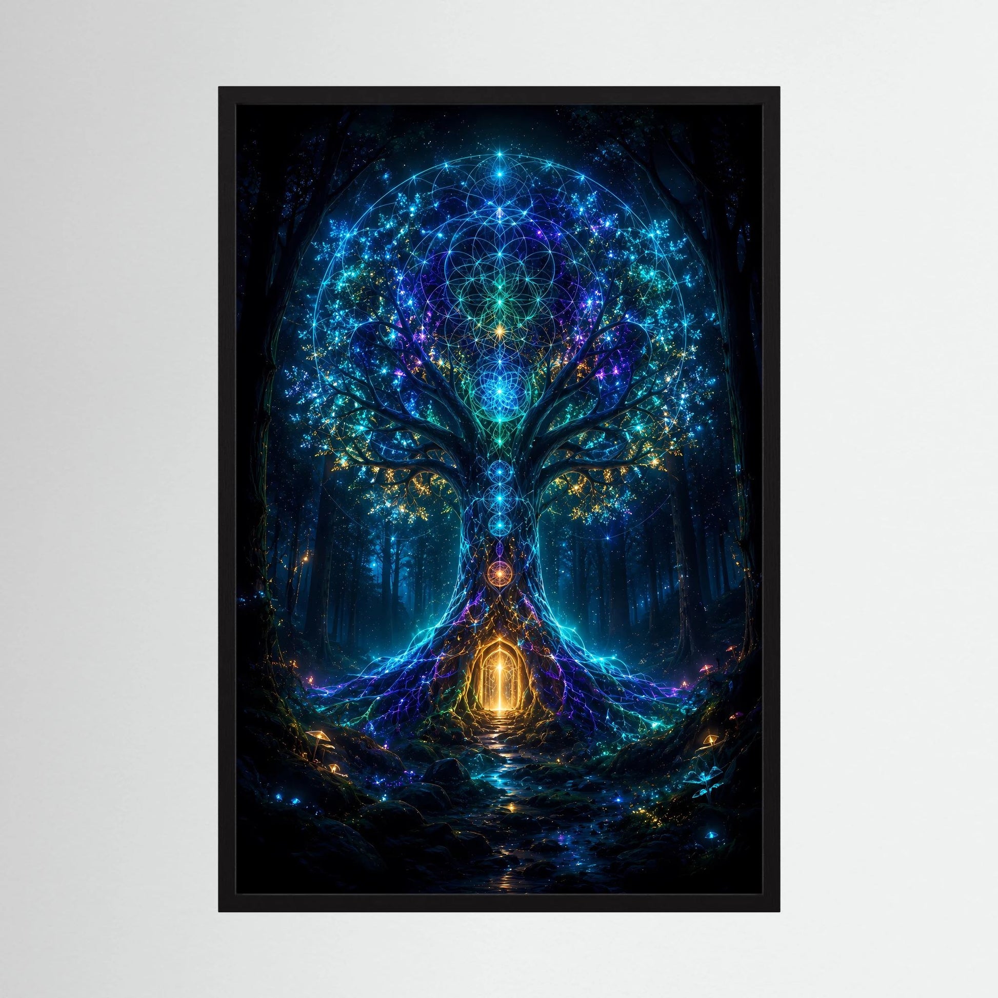 Hochformatiges Poster mit leuchtendem Baum-Motiv in dunklem schwarzen Rahmen