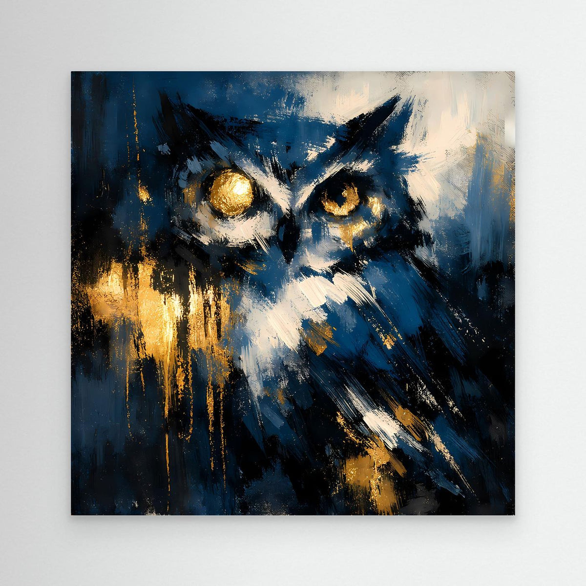 Leinwand-Wandbild mit abstrakter Eule in Blau und Gold, ohne Rahmen