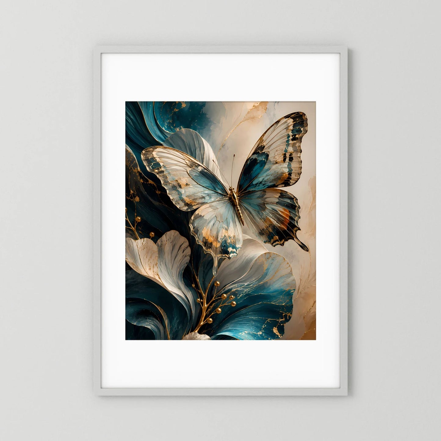 Eleganter Schmetterling in Petrol und Gold | Abstrakte florale Kunst | Poster Hochformat