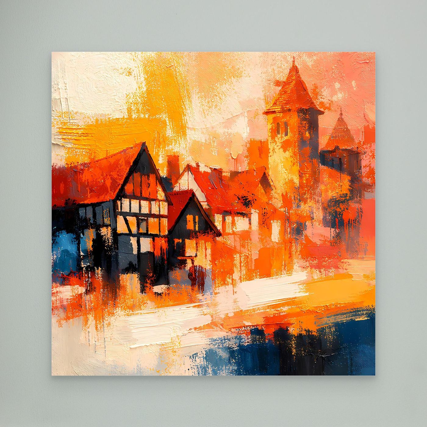 Premium Leinwand Romantische Altstadt im Farbenrausch | Modernes Fachwerk Wandbild abstrakt