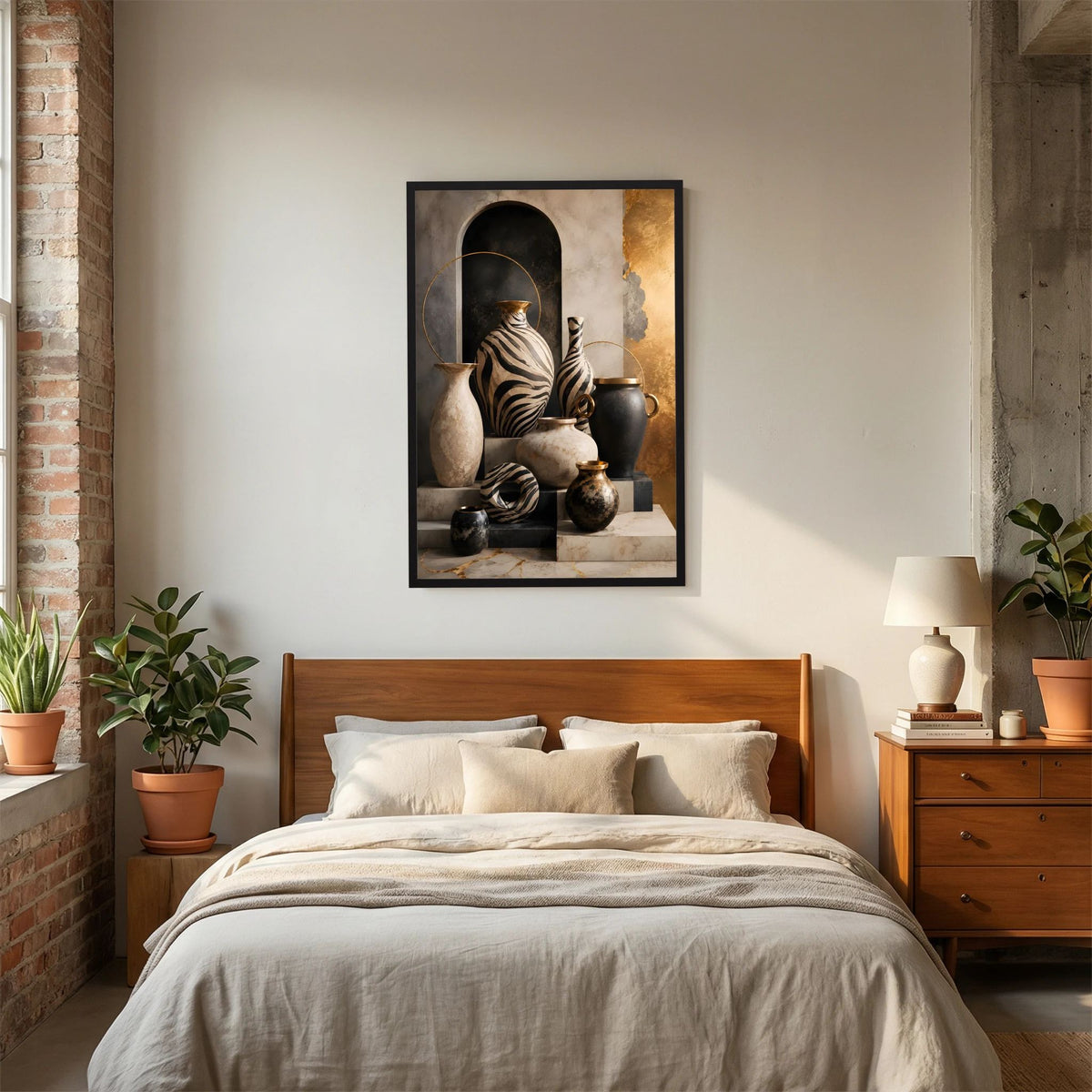 Poster im Hochformat: Zebra-Keramik-Stillleben in Schwarz und Gold, schwarzer Rahmen über Bett
