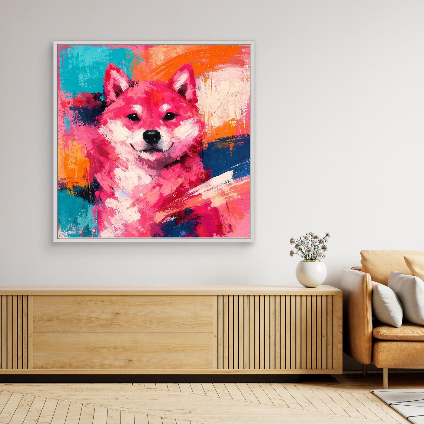 Wandbild mit Pop-Art Shiba Inu, farbenfroher Malerei im hellem Rahmen