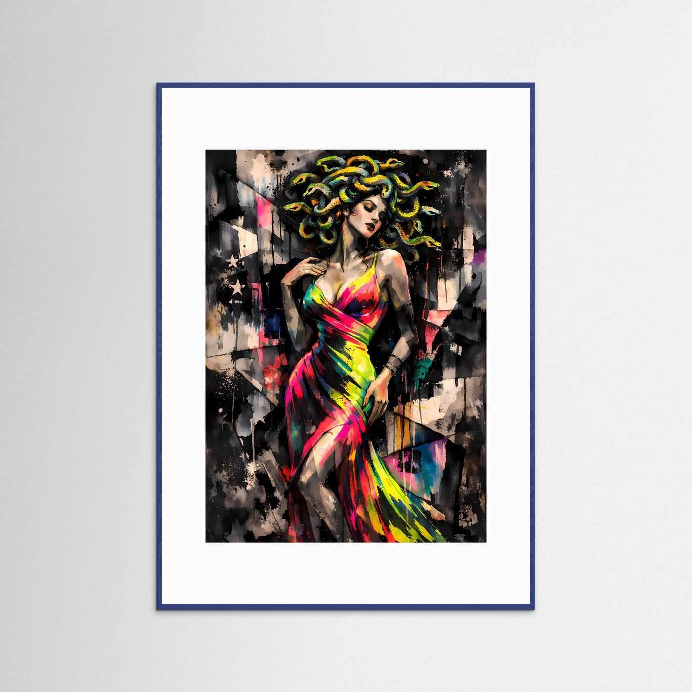 The Elegant Medusa | Luxuriöses Mythologie Poster Bunt & Dunkel | Abstraktes Medusa Kleid Kunstposter Hochformat