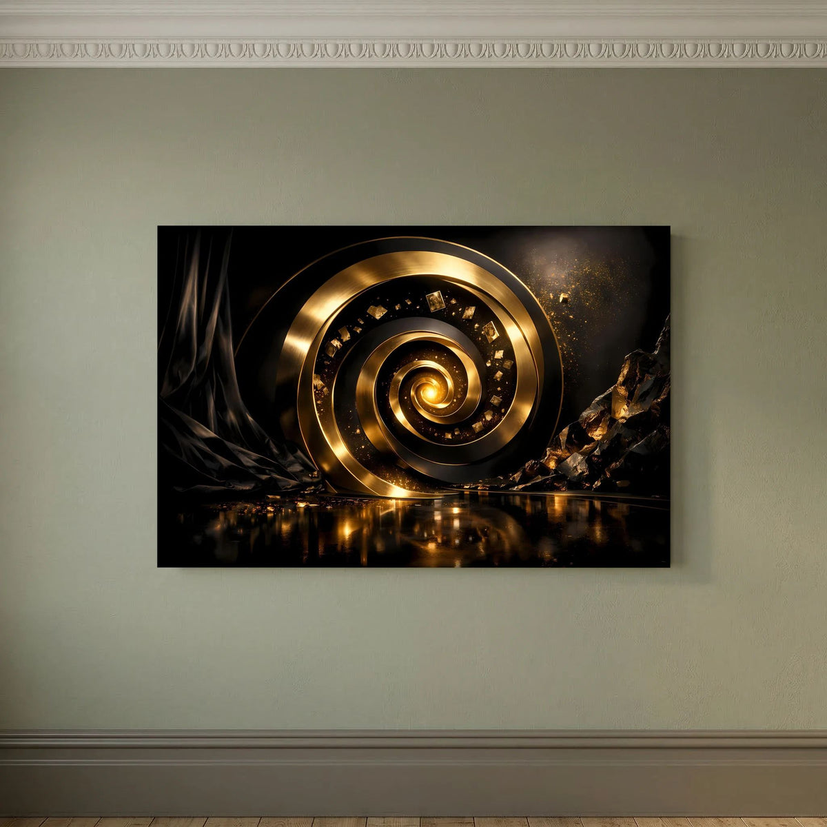 Wandbild im Querformat: goldene Spiralringe im Kreis, schwarzer Kontrast mit goldenen Highlights