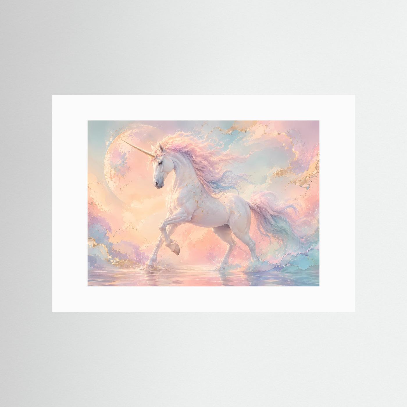 Magisches Einhorn Poster Querformat | Fantasie Wandbild Pastell Himmel & Mond | Mystische Fantasy Kunst