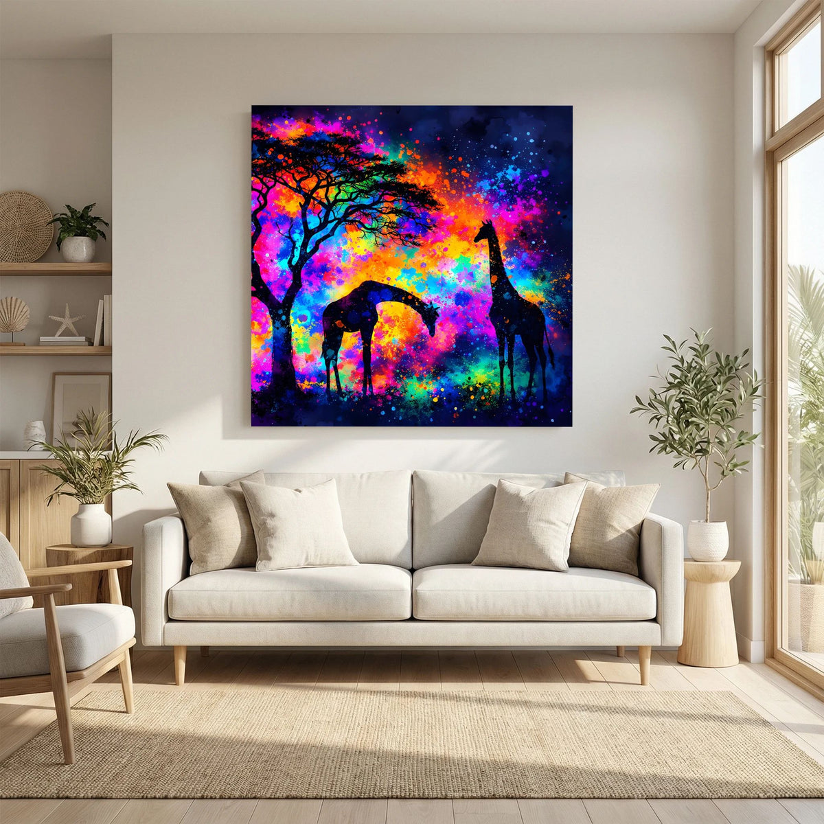 Leinwandbild auf Keilrahmen: abstrakte Giraffen- und Elefanten-Silhouetten vor Baum-Silhouette