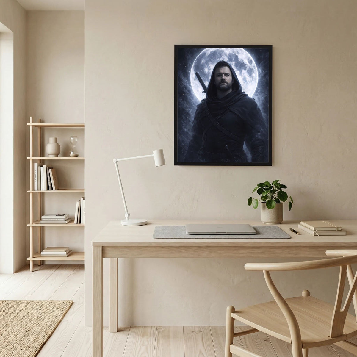 Fantasy-Poster im schwarzen Rahmen: Kapuzenkrieger unter großem Mond im Hintergrund