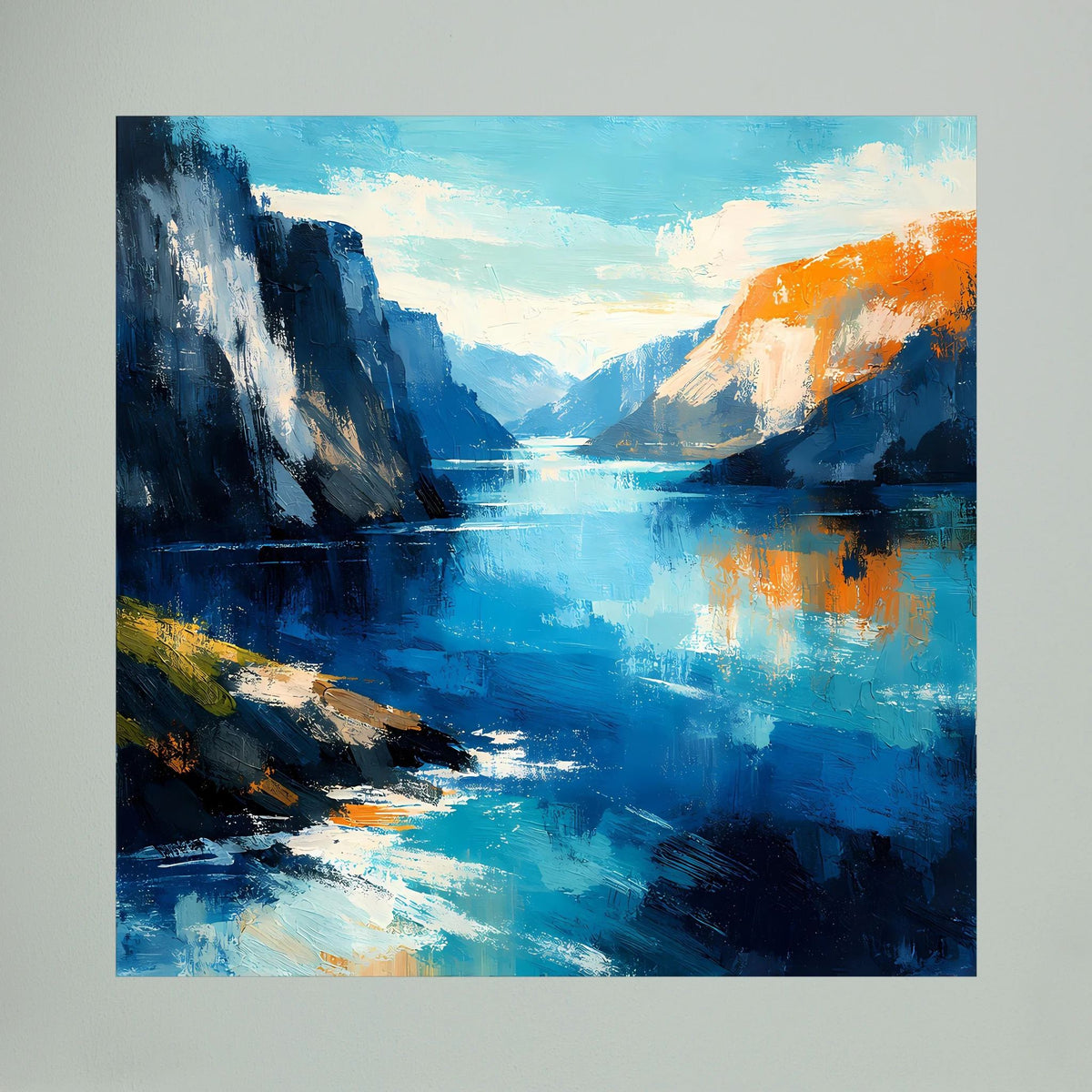 Leinwand Abstraktes Fjord Gemälde | Modernes Norwegisches Wandbild Blau Orange