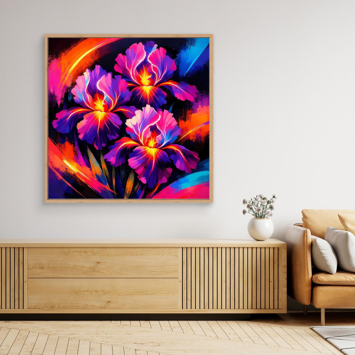 Leinwandbild mit abstrakten Irisblüten in Neonfarben im hellen Holzrahmen