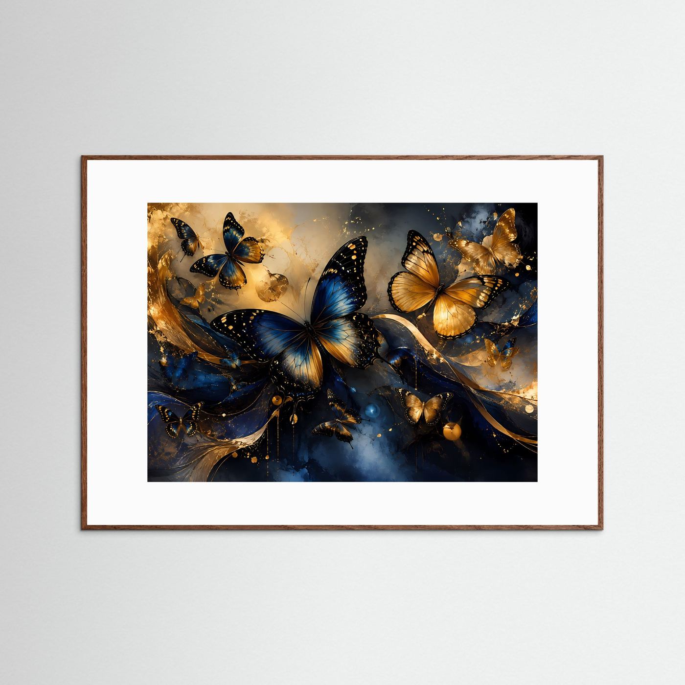 Goldene & Blaue Schmetterlinge | Luxuriöse abstrakte Schmetterlingskunst in Gold und Dunkelblau