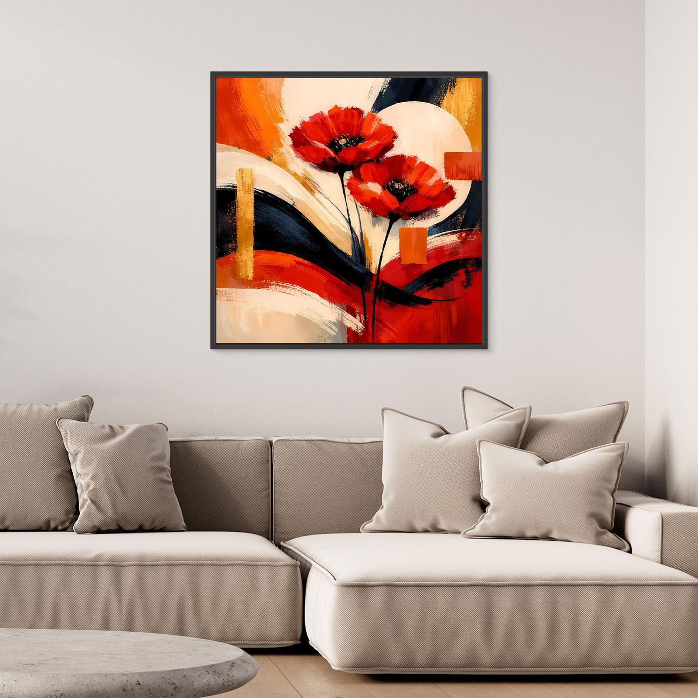Leinwandbild mit abstrakten Mohnblüten in Rot, Gold und Creme mit dynamischen Pinselstrichen