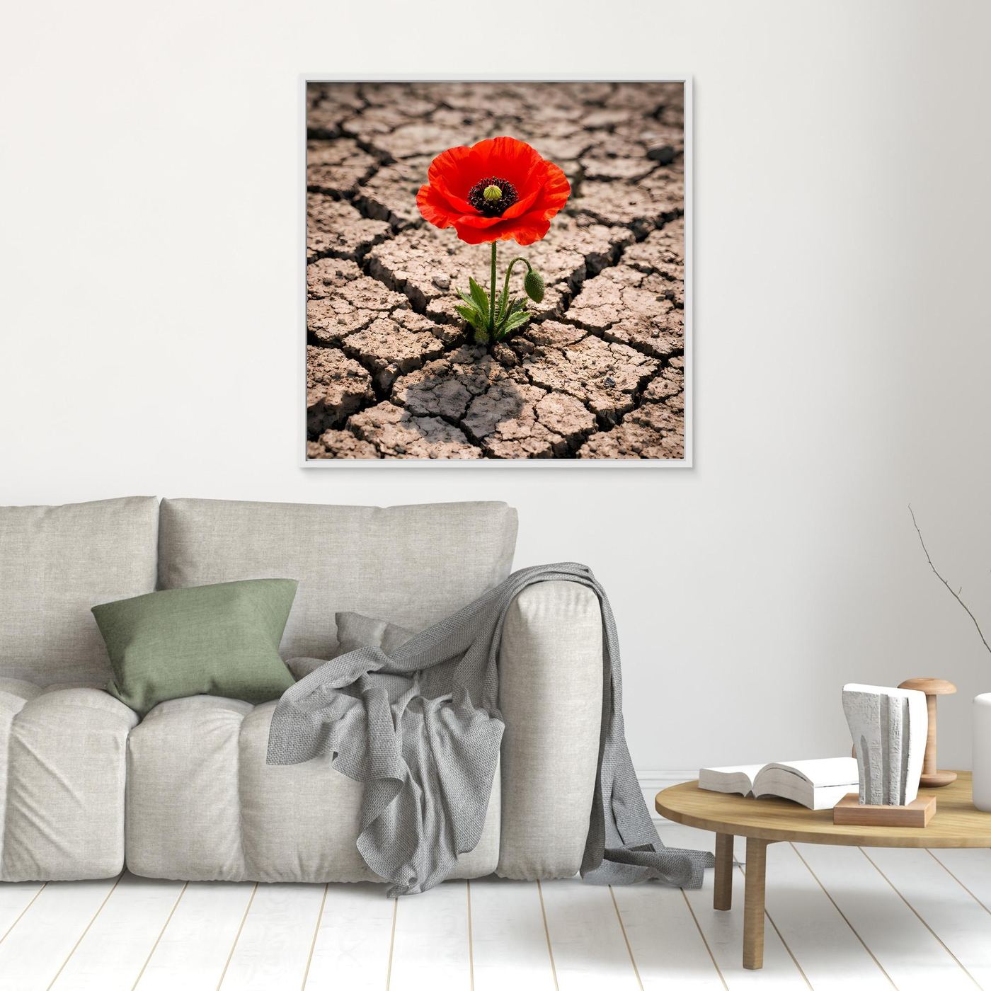 Kleines Leinwandbild mit roter Mohnblume auf rissigem, trockenem Boden