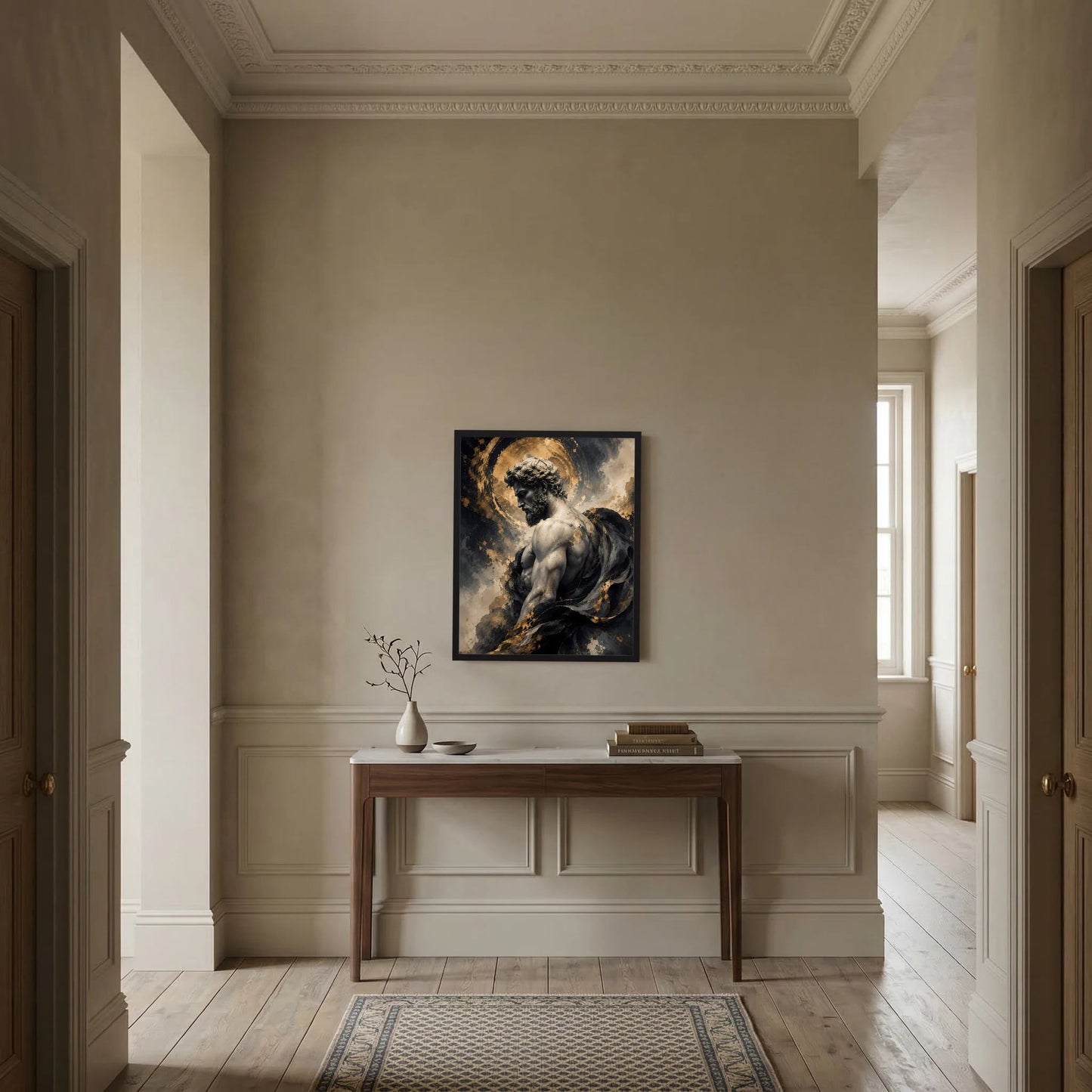 Gerahmtes Kunstposter im Hochformat mit betender Männerstatue und goldenem Heiligenschein in Schwarz-Gold