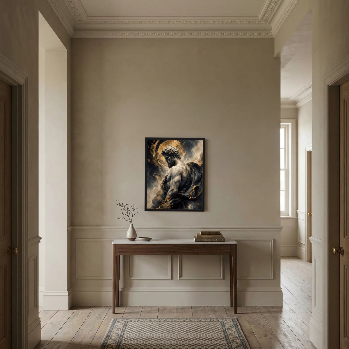 Gerahmtes Kunstposter im Hochformat mit betender Männerstatue und goldenem Heiligenschein in Schwarz-Gold