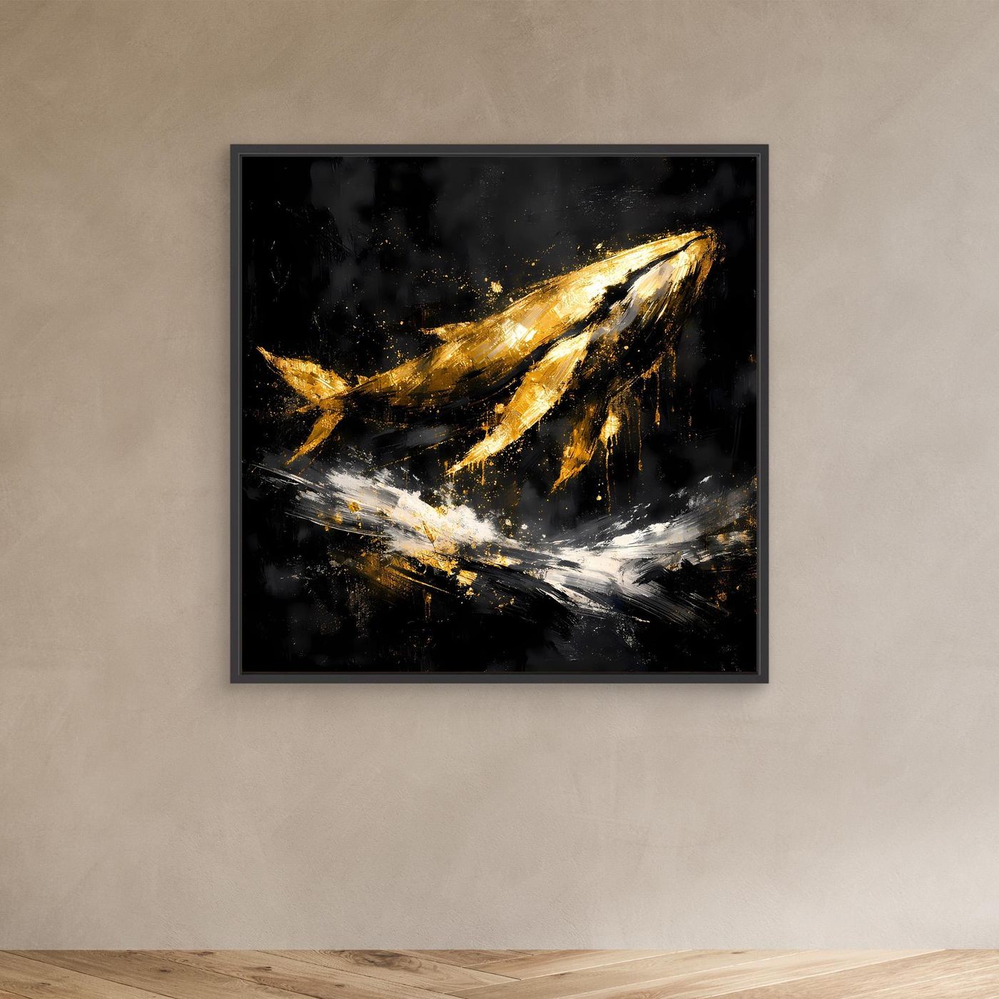 Leinwand Majestätischer Wal in Gold und Schwarz | Modernes Abstraktes Meeres Wandbild