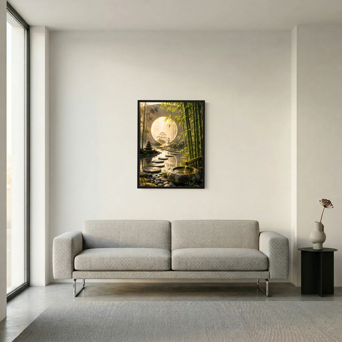 Zen-Garten-Poster mit Bambus, rundem Mondtor und Trittsteinen am Wasser, schwarzer Rahmen