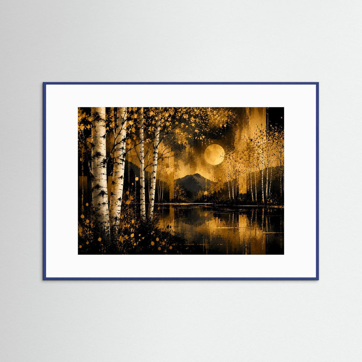 Gerahmtes Poster mit Birkenwald, See und goldener Sonne, blaues Holzrahmen-Design