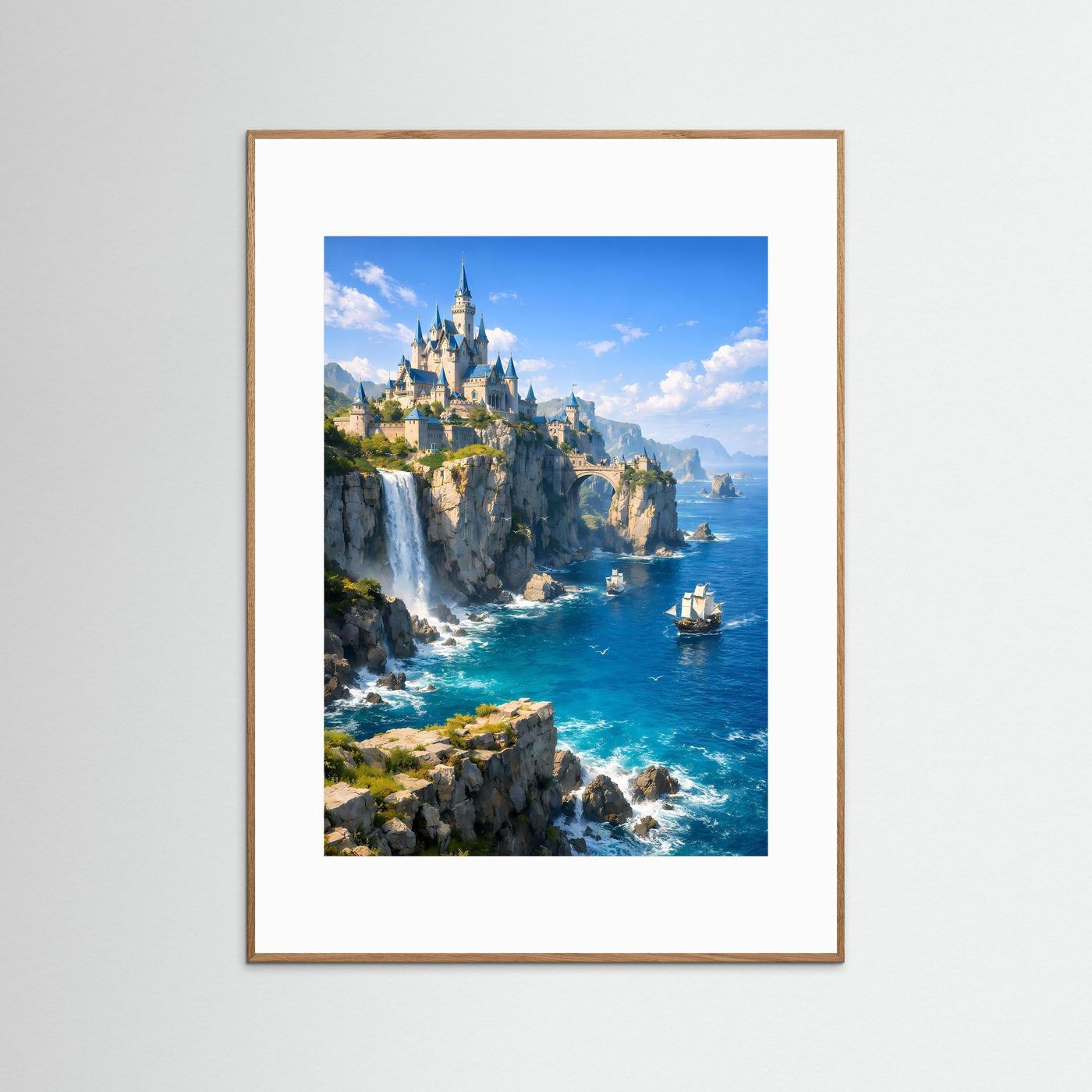 Wandposter mit Küstenschloss am Meer, naturbrauner Holzrahmen