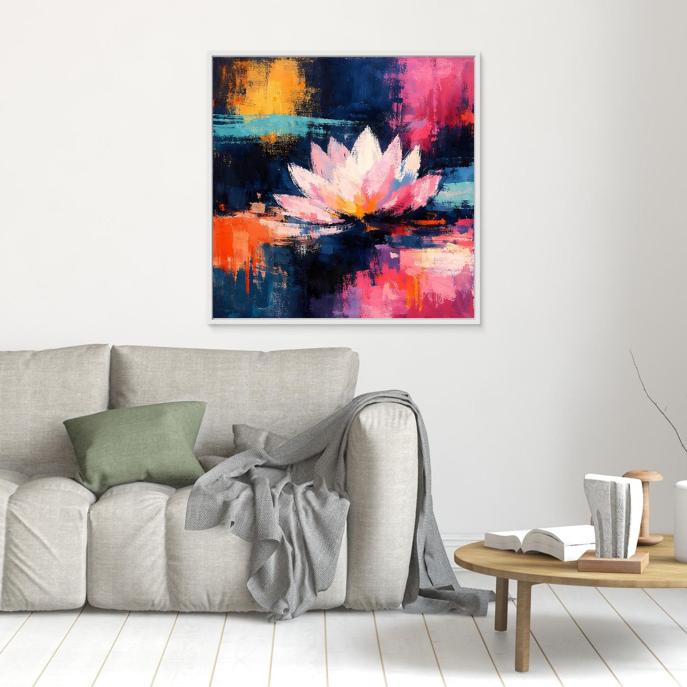 Kleines abstraktes Lotus-Leinwandbild mit Blüte in Orange, Blau und Pink, weißer Rahmen