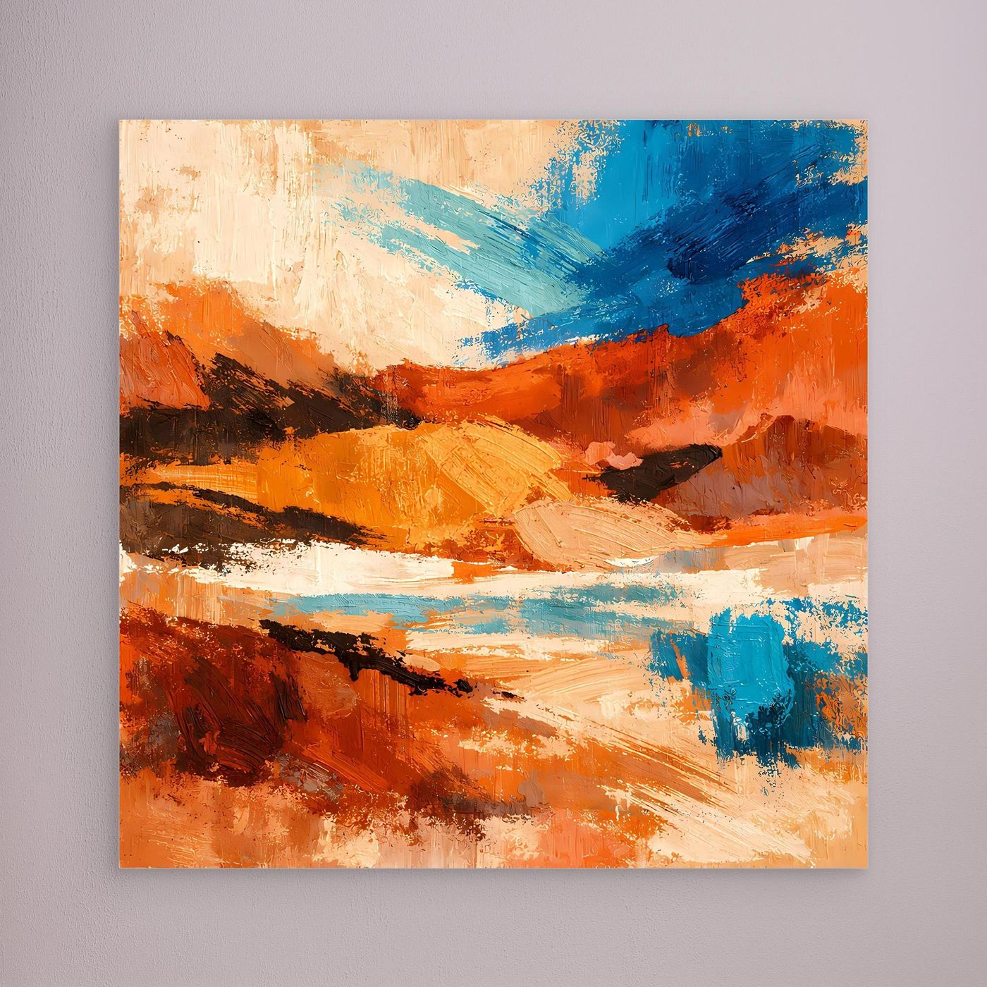 Wandbild mit abstraktem Canyon-Motiv, orange und blau, ohne sichtbaren Rahmen