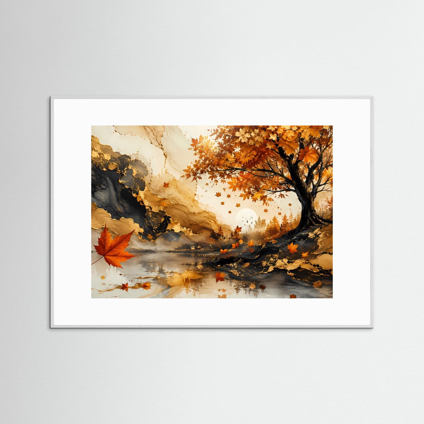 Herbstbaum Poster | Goldener Herbst Wandkunst | Abstrakte Ahorn Landschaft | Elegante Natur Wall Art | Premium Leinwandbild