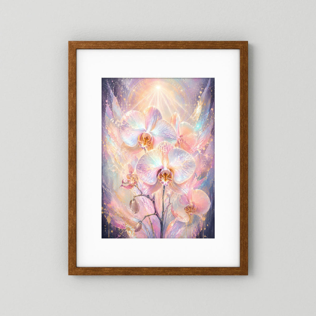 Poster im Hochformat mit Pastell-Orchideen, Holzrahmen braun und weißer Rand