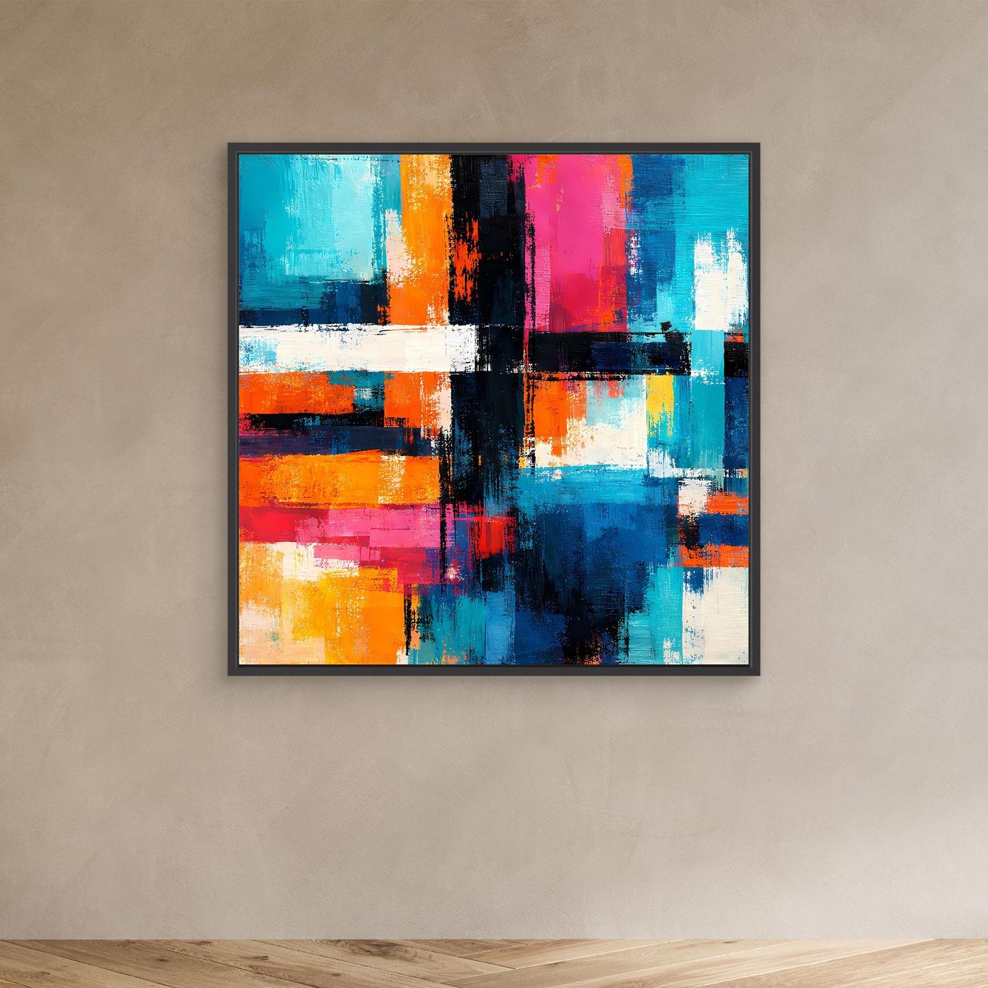 Abstract geometric canvas painting with colorful blocks and lines, black frame