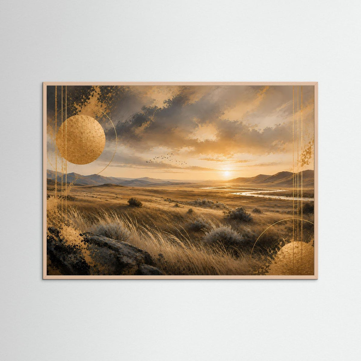 Querformatiges Poster Steppenlandschaft bei Sonnenuntergang, goldener Kreis, im Rosé-Holzrahmen