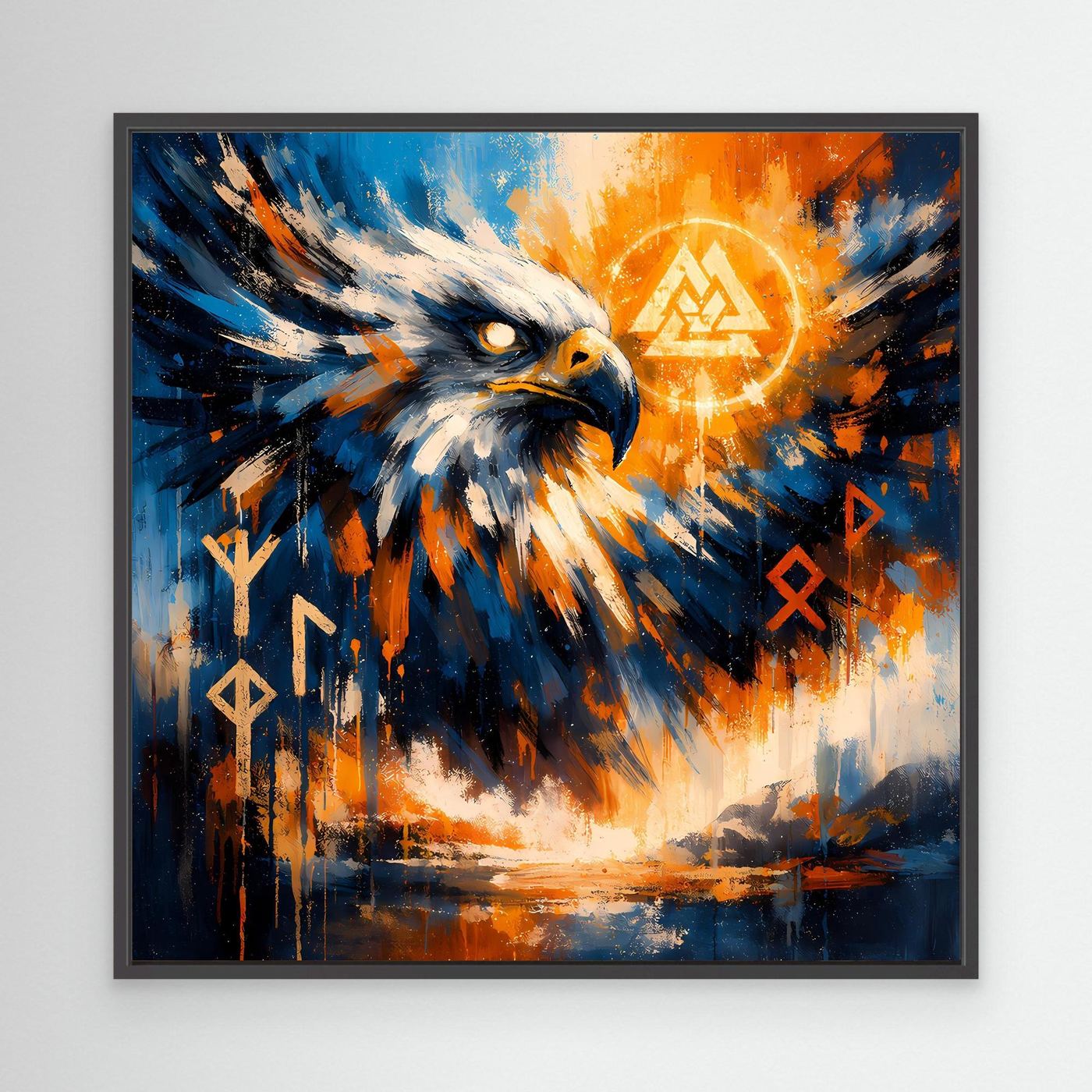 Abstraktes Leinwand-Wandbild: nordischer Adler in Blau und Orange, schwarzer Rahmen